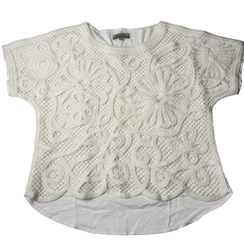 World Market Shirt Womens Large XL White Textured Boho Crochet Short Sleeve Top